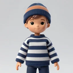 a doll is wearing a striped sweater and hat, a stock photo by tim biskup, featured on zbrush central, figurativism, zbrush, character, made of plastic,