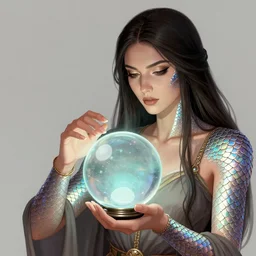 a digital illustration of a fortune - teller gypsy woman with a crystal ball in her hand, iridescent scaled skin, refraction and reflections, translucent, shawl, robes, scarf, artstation, painting by alphonse mucha and bouguereau and ruan jia and conrad roset