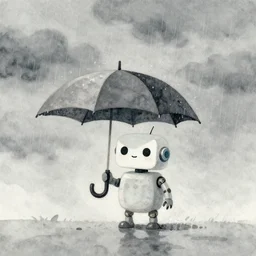 a cute little robot holding an umbrella in the rain. gray sky, rain clouds, heavy rain. watercolor painting by jean - baptiste monge, muted colors