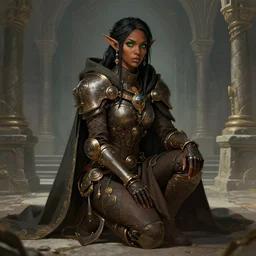 portrait of a steampunk geomancer in the stone palace, female, alluring, tech robes, cloak, dark skin, green eyes, elf, sitting on bent knees, high fantasy, detailed face, highly detailed, digital illustration, by rossdraws