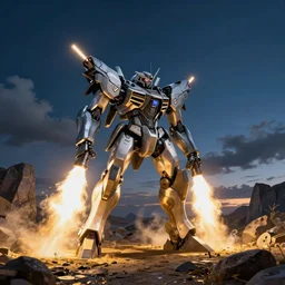 armored core v by liam wong, booster flares, legs, laser rifles, karst landscape, outdoor, dark blue sky, cloud, wilderness ground, golden time, twilight ; wide shot, digital painting, high contrast, dynamic backlighting, sharp edge, motion blur, photoreal