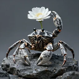 by wesley burt and basil gogos, visually stunning, cinematic, ultra realistic, hyper realism, 1 2 k, epic, octane render, unreal engine, vfx, maya, beetling black and white insect with a white flower on its head : biomorphic, a sculpturesque : subocean sculpture of a crab on a rock!!!!!