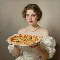 portrait of a young queen holding up a pizza to the camera, pearl necklace, silk dress, soft lighting, sharp focus, neutral background, masterpiece, painting by giger