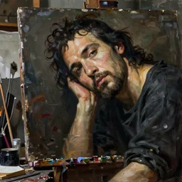 an exhausted painter in his dimly lit studio by edgar maxence and caravaggio and michael whelan, intricate painting, hyper realistic, extremely detailed and beautiful aesthetic face, 8 k resolution