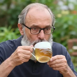mr robert is drinking fresh tea in a garden from spiral mug, detailed face, wearing glasses, grey beard, 5 1 2 k