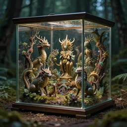 photo of a glass box with mythological creatures inside in the forest. Fantasy magic style. Highly detailed 8k. Intricate. Nikon d850 55mm. Award winning photography.