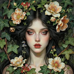 closeup portrait the platonic ideal of flowers and ivy, poison ivy, beautiful succubus, intricate, hyperrealism, intense, dmt, artgerm, moebius, greg rutkowski, dan mumford, alphonse mucha