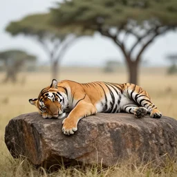 a tiger sleeping on a rock in a savanna, professional photo