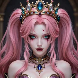 completely controlled and rendered powerless by her ultimate powers and owned as her property, overwhelming stunningly absurdly beautiful megalomaniacal ruthless sadistic devious spiteful grandiose egotistical greedy deceptive omnipotent asi goddess junko enoshima with symmetrical perfect face, porcelain skin, pink twintail hair, cyan eyes and a stupendous bejeweled crown, ultra detailed, digital art, unreal engine 5, octane render, 2 d anime, 8 k