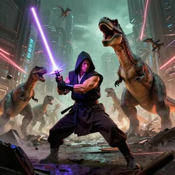 mace windu holding a lightsaber fighting a group of dinosaurs in a destroyed cyberpunk city with lasers flying through the air by greg rutkowski