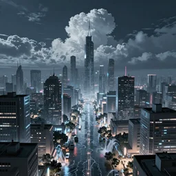 Alena Aenami, cybercity at night with buildings in the distance, puffy cloudy sky, intricate detail, water rushing into the streets, light and reflections, future, Trending on artstation