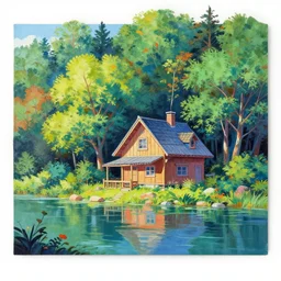 high detail sharp anime gouache background  ,  colorful forest house near lake  , panorama painting by by chun li