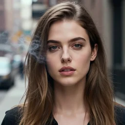 closeup portrait of alexandra daddario in a smoky new york back street, photograph, natural light, detailed face, magazine, press, photo, Steve McCurry, David Lazar, CANON Eos C300, ƒ1.8, 35mm