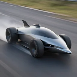 a new design car with three wheels and a undercarriage swoops like a dolphin's belly. this reduces drag, or the force of air flowing against the motion of the vehicle is curved at the nose, wide along the sides and tapered toward the trunk like a small, speedy aircraft
