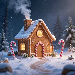 a foot path leads to a gingerbread house where delicious smelling smoke curls out of a chimney. in front of the house is a candy cane sculpture. snow flurries in the air, it's magic. epic fantasy, awe inspiring, dramatic lighting, cinematic, extremely high detail, photorealistic, cinematic lighting, trending on artstation cgsociety rendered in unreal engine, 4 k, hq,