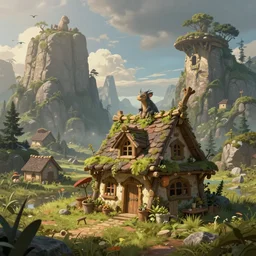 a concept art illustration, cute fantasy shack creature, megafauna creatures, large biomes, hyper realistic, photorealistic, art by wlop, hyper detail, trendung on artstation, cgsociety, ultra sharp, digital painting