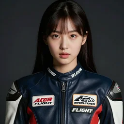 frontiers in flight leather suit, made of sewn together motor racing logos, cosplay fashion, roger deakins, ektachrome, 3 5 mm, beautiful three point perspective, portrait photo in chiaroscuro style, 1 9 7 0 s, extreme closeup 3 / 4, highly detailed : incredibly realistic, youthful asian demure, perfect features, feminine cut,