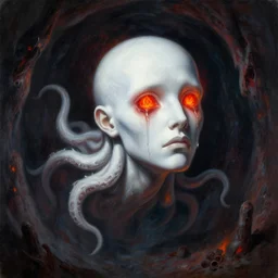 painting by greg rutkowski a flying human head with tears running down it's face face that is chalk white in color, with long white!! tentacles!! coming out of the neck, fiery scorching red eyes, flying in a terrying hellish dark cavernous place