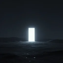 a single distant glowing doorway opens up in an otherwise dark and desolate landscape : retrufuturistic, concept art
