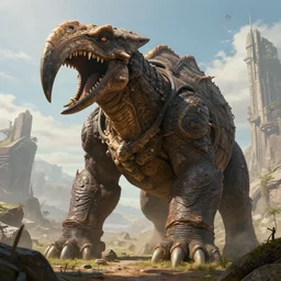 highly detailed portrait photo of a huge mûmakil-torterra with a huge beak in a scenic dystopian environment, hyperrealistic Illustration