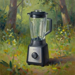 oil painting of a blender default cube sitting in the middle of a forest clearing, bob ross