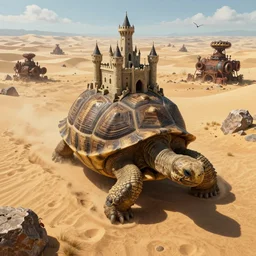 gargantuan tortoise with a large fantasy castle armor walking through a sandy wasteland, howls moving castle, mortal engines, mid - distant shot centered birds eye view, fantasy, hyper detailed, 4 k