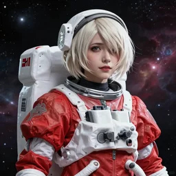 Highly detailed realistic photograph of a hopeful pretty astronaut lady with a wavy blonde hair, 4k resolution, nier:automata inspired, bravely default inspired, vibrant but dreary but upflifting red, black and white color scheme!!! ((Space nebula background))
