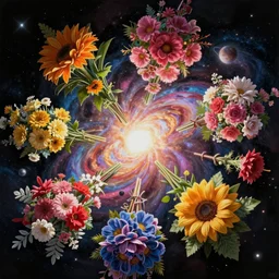 An epic fantastic realism comic book style painting of the most beautiful flowers launched into space, bouquets, glorious galactic collision, sharp focus, fisheye, unreal 5, DAZ, hyperrealistic, octane render, dynamic lighting