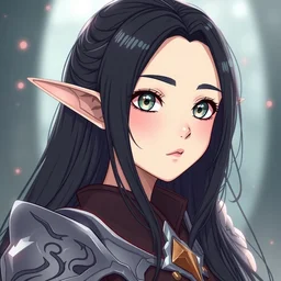 adorable young cute anime elf girl, long black hair, detailed fantasy armor, smooth face. beautiful spark eyes. beautiful lineart. concept art adoptable, chromatic aberration, noise, soft lighting, srgb, 4 k, cinematic
