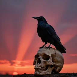 raven sitting on skull, photography by david lachapelle, sunset, crepuscular rays, red sky