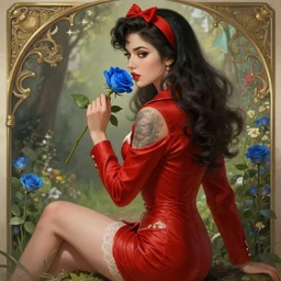 red jacket tattooed pinup corean girl sits on a garden smelling a blue rose, deep focus, turnaround, fantasy, intricate, elegant, highly detailed, digital painting, artstation, concept art, matte, sharp focus, illustration, hearthstone, art by artgerm and greg rutkowski and alphonse mucha.