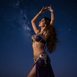 Belly dancer looking at a starry sky, epic, digital art, highly detailed, soft light