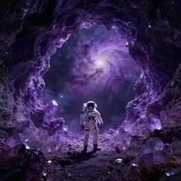 astronaut on purple [ [ [ crystal ] ] ] caves, amethyst, beautiful dynamic lighting, nebula sky, cinematic, wide angle establishing shot, extremely high detail, photo realistic, cinematic lighting, matte painting, interstellar, greg rutkowski, roger deakins