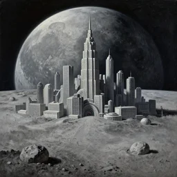 a detailed and accurate masterpiece painting of future city, moon, lunar soil, russian city, by lehr, paul