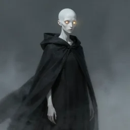 a humanoid creature with pale white skin and a gaunt face. the creature is bald and its eyes are shining, emitting sunlight. it is wearing a black flowing cloak that looks like mist. art by peter mohrbacher.