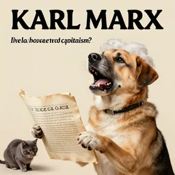 a photo of canine karl marx ( karl barx ) as a dog, barking about the failures of capitalism and how the fat cats are creating a rat race of exploitation. how does one write a manifesto with those paws though?