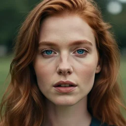 close up half-face portrait photograph of a ginger woman with deep blue eyes. Wavy long hair. she looks directly at the camera. Slightly open mouth, face covers half of the frame, with a park visible in the background. 135mm nikon. Intricate. Very detailed 8k. Sharp. Cinematic post-processing. Award winning portrait photography