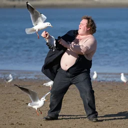 fat british man slaying a seagull