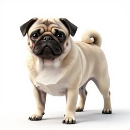 low-poly pug, photorealistic wildlife photography, full body, isolated on a pure white background, centered, entire subject in frame, sharp focus, soft studio lighting