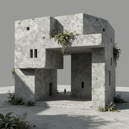brutalist architechture, japanese minimalism, shadowplay, a person, grey tones, vegetation creeping in, surreal, depth, 3 d model, ultra sharp, height perspective, depth, 8 k, futuristic, textured