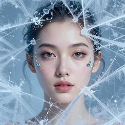 ice face fractal portrait of a woman, inspired by mandy jurgens, face accessories, light make up, 4 k, high detailed, illustration