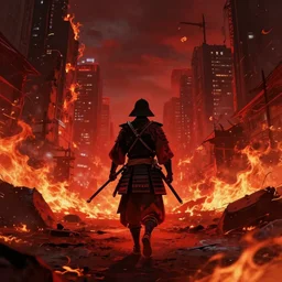 a samurai is walking in a red flaming city, apocalyptic