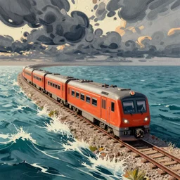 illustration, a train in the sea, dynamic composition, detailed, matte print, dynamic perspective, colorful modern, mads berg