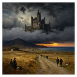 painting by sargent leyendecker and gurney, rhads, vasnetsov, savrasov levitan polenov, middle ages, above the layered low clouds with straw field and mountains travel path road to sea bay at sunset, golden hour, fantasy, castle, witcher 3, overcast sharpen details darkest night black sky