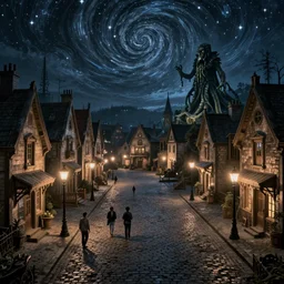 empty lovecraftian town square surrounded by houses and inns.  cthulhu statue. lovecraftian city at night by cyril rolando and naomi okubo and dan mumford and ricardo bofill. lovecraft. cobbled streets. oil lamp posts. lovecraftian. starry night swirly sky.