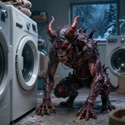 demonic creature crawling out of a washing machine in a laundry room, cinematic lighting, inspired by Evgeny Lushpin,George, greg rutkowski winter,nighttime,cinematic,art station