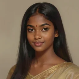 A bust of a beautiful black skinned Sri Lankan girl with smiling lips and smooth eyebrows and straight hair, HD, illustration, epic, fantasy, intricate, elegant, amazing detail, digital painting, artstation, concept art, smooth, sharp focus, illustration, art by Turine Tran