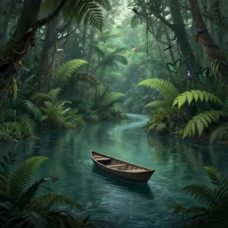 lonely boat floating on a river in the jungle, ferns, birds. digital drawing by tomm moore, wes anderson, jean pierre jeunet, tim burton, guido crepax. ultra detailed, unreal engine render concept art.