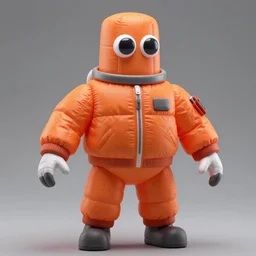 still figurine of a tall giant inflated space man action figure wearing over sized orange puffy bomber jacket, googly eyes, tareme eyes, tube head, personification, dynamic pose, detailed product photo, tone mapped, beautiful composition, 8 5 mm, f 5. 8, soft lighting