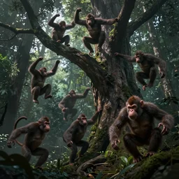 8 aggressive monkey beasts attacking and jumping down from large tree in dense dark forest, seen from below, dramatic concept art by greg rutkowski